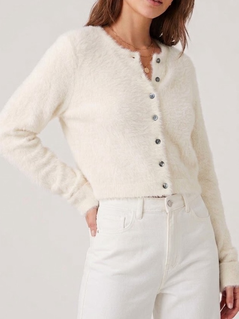☁️ Free People Cream Fuzzy Eyelash Knit Button Front Crop Cardigan Sweater S/P